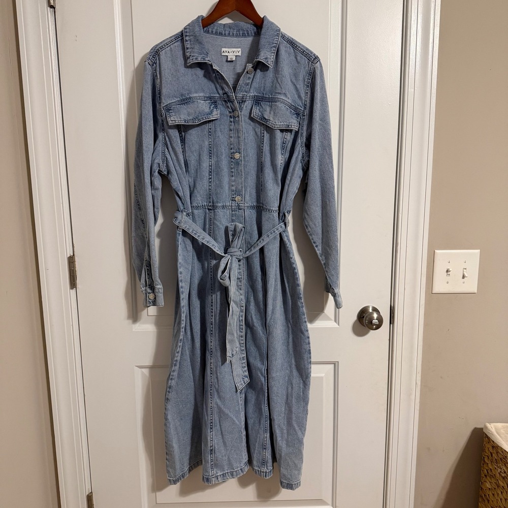 Ava & Viv Womens Light Wash Denim Button Down Belted Midi Shirt Dress XXL